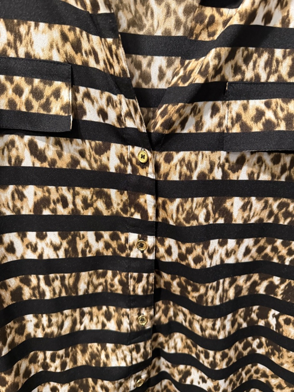 Calvin Klein Black and Tan Striped Leopard Print Button-Up Blouse - Picture 2 of 5